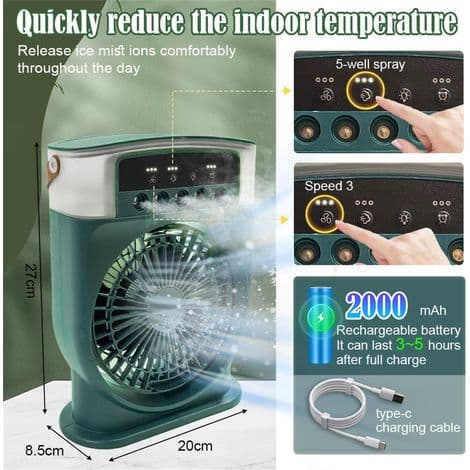 4-i-1 Mini Bärbar Luftkonditionering, Tyst, Bärbar Fläkt, Minikylare, Typ-C Vattenluftkonditionering med Timer (Grön)