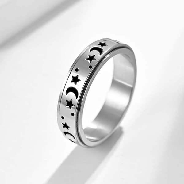 Roterende ring i titanium og rustfrit stål, måne- og stjernemotiv, anti-stress og anti-angst ring