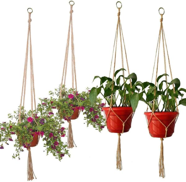 4 makramee-amppelin setti - Valkoinen - Sisä- ja ulkokäyttöön - 2 kpl 105 cm ja 2 kpl 88 cm.