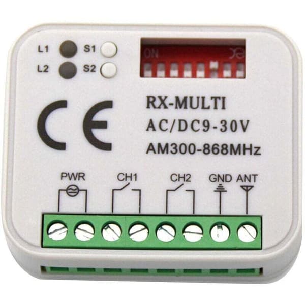 Radiomottaker for motorisering – Frekvenser 433/868 MHz – AC/DC 9-30V strømforsyning – Rekkevidde opptil 150 meter – Programmerbar opptil 400 koder