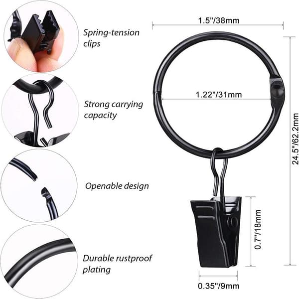 Sett med 18 metallgardinringer med klips, indre diameter 3,1 cm