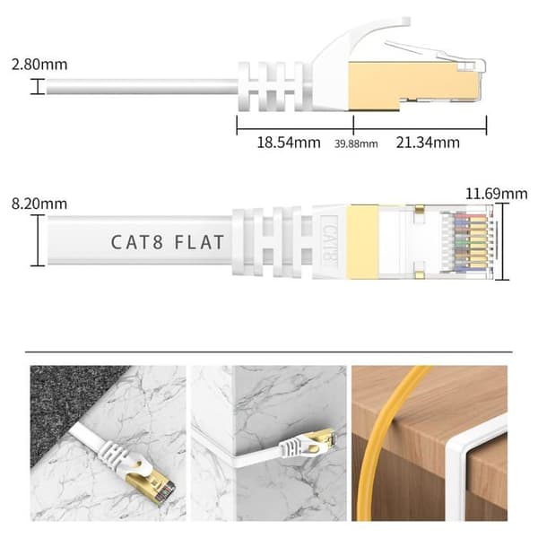 Cat 8 Ethernet-kabel - 1001 Batterier - 15M - 40 Gbps - RJ45 - Flat Hvit