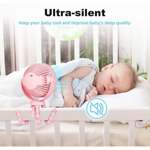 Mini bærbar klapvognsventilator. 360° roterende ventilator til autostol, tremmeseng og løbebånd. Pink