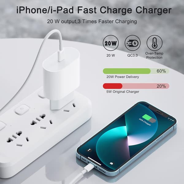 Hurtigoplader til iPhone, 20W USB-C opladningsport med 1m USB-C opladerkabel