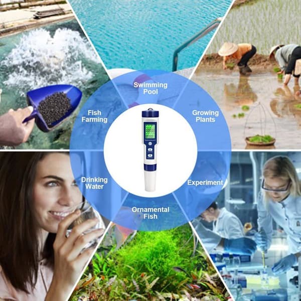 Elektronisk pH-tester, 5-i-1 poolvandstester med baggrundsbelysning, pH/TDS/EC/Salinitet/Temperatur med ATC