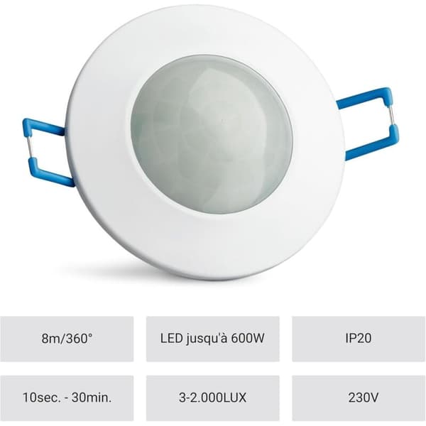 Infrarød bevegelsessensor for innfelt og utenpåliggende takmontering, programmerbar, 8m / 360°, egnet for LED, maks. 1200W/600W