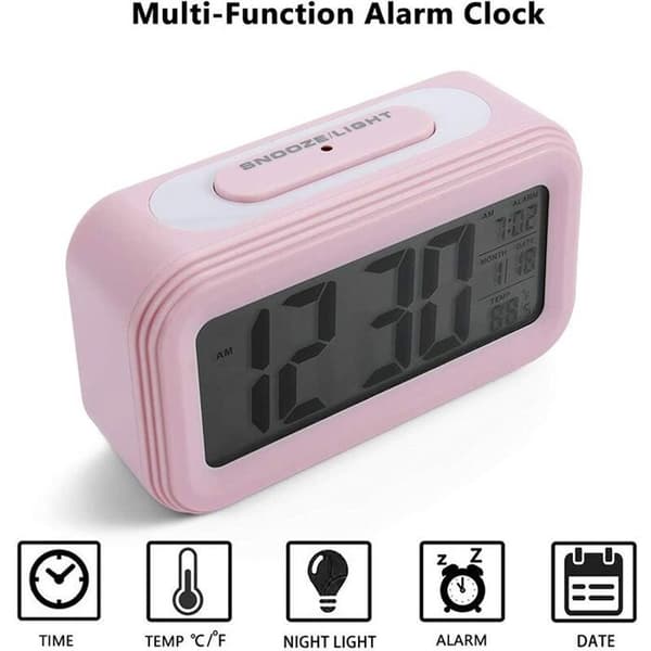 11 cm batteridriven digital väckarklocka för sovrum, LCD sängväckarklocka med larmpåminnelse (rosa)