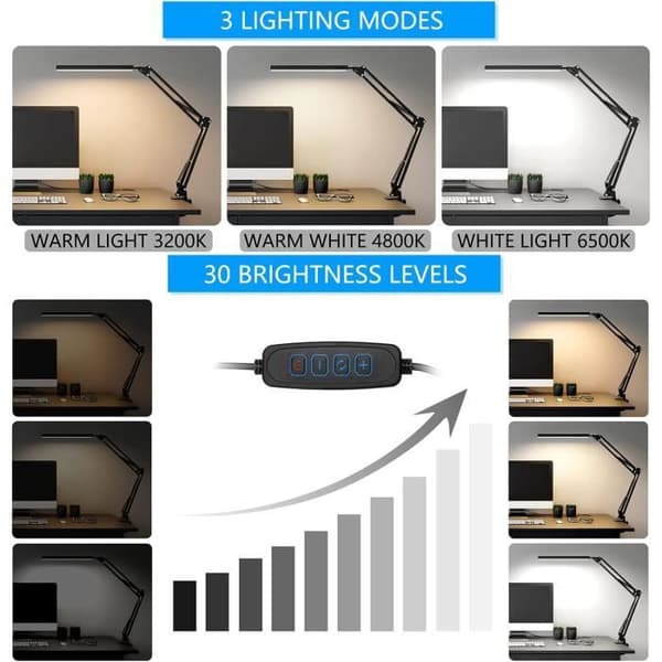 LED Skrivebordslampe - Kraftfuld - 3 Belysningstilstande - 9 Lysstyrkeniveauer - Sort