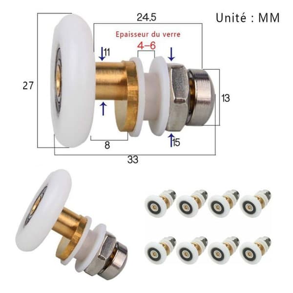 Duschdörrsrulle - CUNEARY - 27mm - Förpackning med 8 - Nylon - Skruvfäste