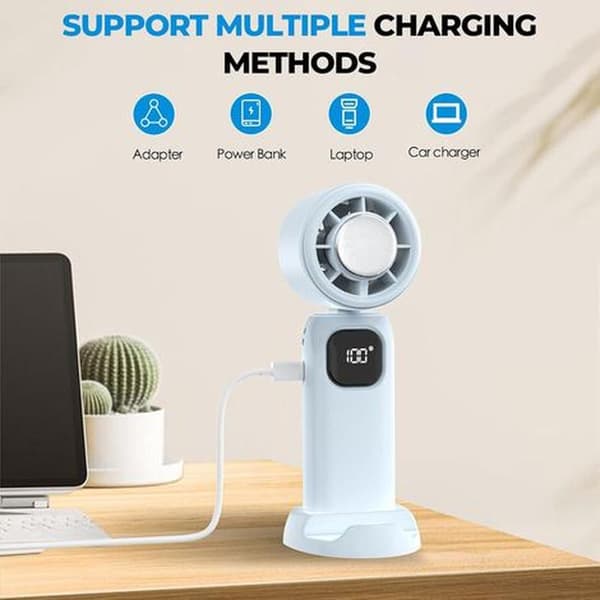 USB genopladelig bærbar ventilator. Mini bærbar ventilator. 5 blæserhastigheder. Sammenklappeligt design med stativ.
