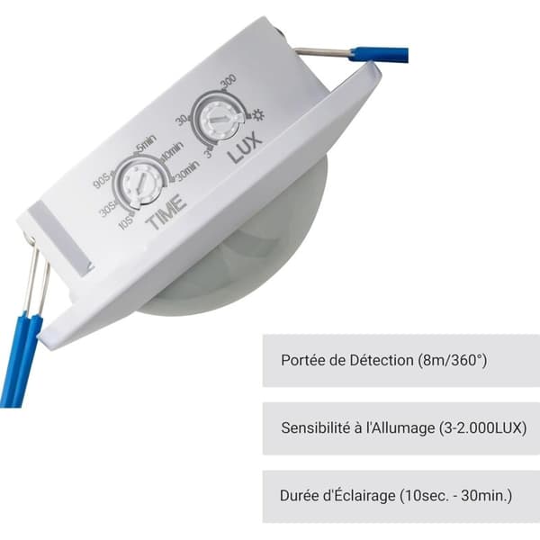 Infrarød bevegelsessensor for innfelt og utenpåliggende takmontering, programmerbar, 8m / 360°, egnet for LED, maks. 1200W/600W