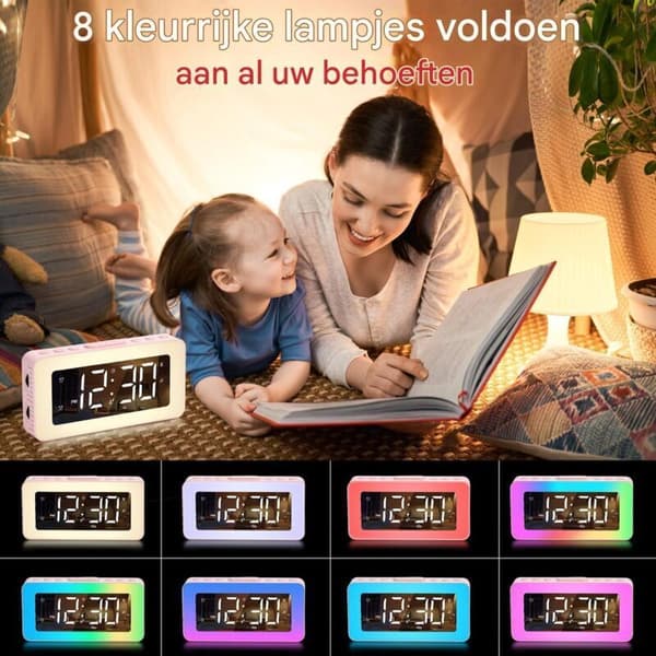 Vækkeur til børn og voksne - Digitalt ur med dobbelt alarm, 8 søvnlyde, natlys - Sleep Timer