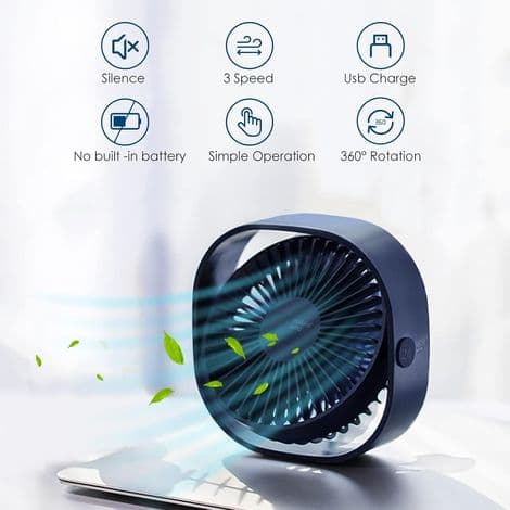 Mini USB-bordsfläkt, tyst och bärbar, USB-driven, 3 hastighetsinställningar, 360° vridbar (blå)