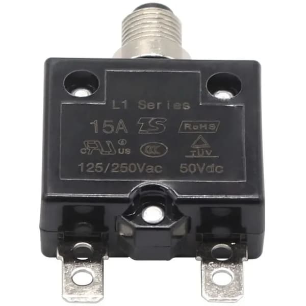 15 A automatsäkring, överströmsskydd 125-250 V AC/50 V DC, tryckknappssäkring