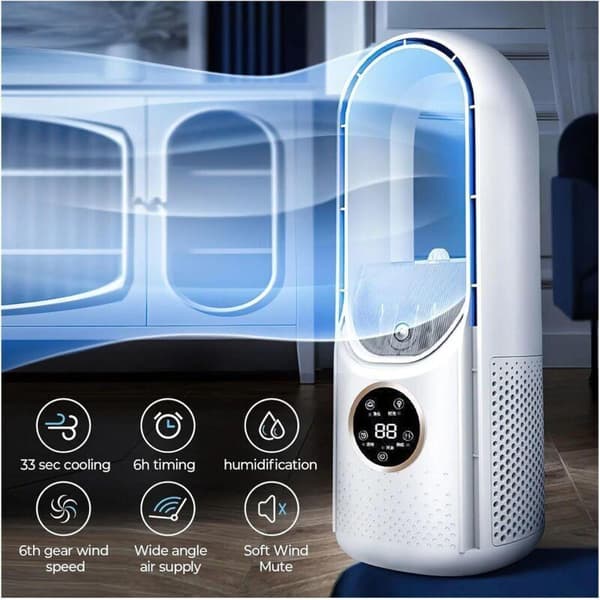 Bladeless ventilator, 6 hastigheder, bladløs køleventilator med luftfugter - hvid