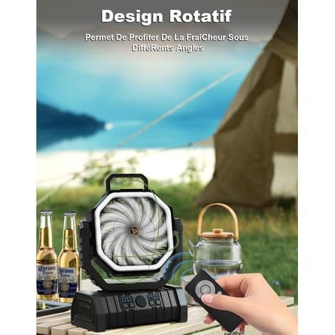 Campingventilator med LED-lanterne, 4 hastigheder, Stille campingventilator, 20000 mAh batteri, 360° rotation, USB-drevet