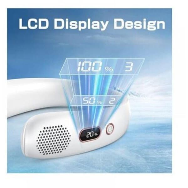 Bærbar halsventilator. Stille, bladløs, med digitalt display og USB-tilslutning. 360° luftstrøm - hvid.