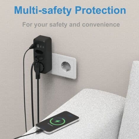 7-i-1 strømskinne med EU-plugg og overspenningsvern - 3 strømuttak + 2 USB-A + 2 USB-C