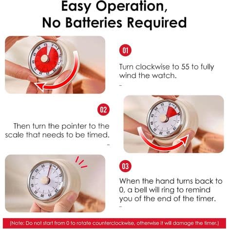 Visuell timer, kjøkkentimer med magnetisk base, 60-minutters nedtelling, mekanisk klokke, batterifri (hvit)