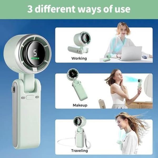 3-i-1 bærbar turboventilator. Sammenfoldelig. USB-interface. 5 blæserhastigheder. 180° justerbar nakkestrop.