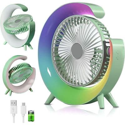 2000mAh Genopladelig USB-blæser, 5 LED-tilstande, 3 hastigheder, 360° rotation – Til kontor, camping, rejser – Grøn
