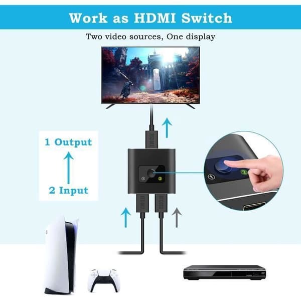 HDMI-switch, dubbelriktad HDMI-switch 1 ingång 2 utgångar eller 2 ingångar till 1 utgång HDMI-splitter, stöder 4K-etikett