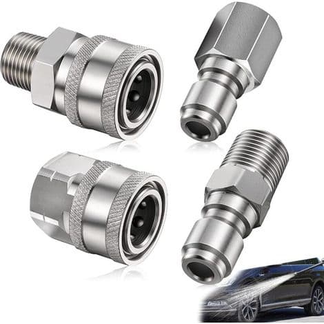 4-delad högtryckstvättkopplingadapterset, 1/4\" NPT hane till hona adapter, rostfritt stål (silver)