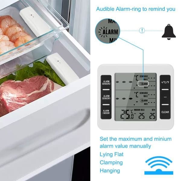 Trådlös digital LCD kyl/frys termometer med hörbart larm och 2-pack sensor för hem/kök/kontor