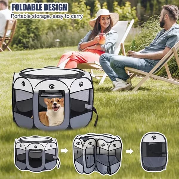 Hopfällbar hundhage 73×73×43 cm – Inomhushage för valpar, katter, kaniner (Grå).