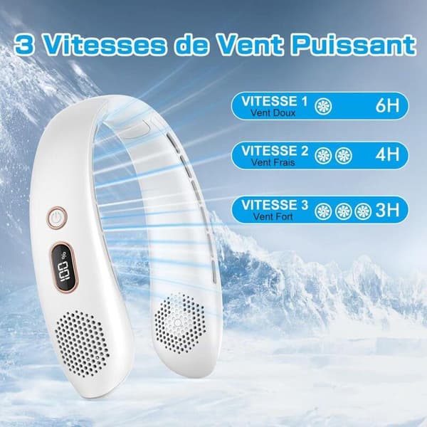 Bærbar halsventilator. Tre blæserhastigheder, bladløs. USB-interface med hvid LED-strømindikator.