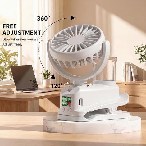 Mini USB Clip-On Ventilator, Mini Genopladelig Ventilator med Befugterspray, 4 Hastigheder, Mini Bærbar Ventilator (Hvid)