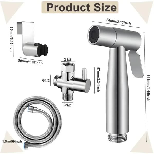 Bidet-brusersæt i rustfrit stål med 1,5 m slange, håndbruser med 2 indstillinger + holder