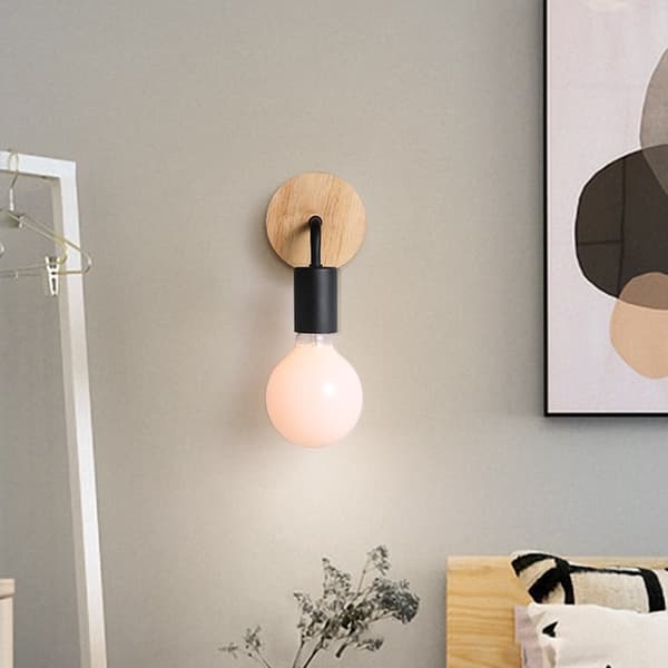 Vägglampa i metall och trä för sovrum badrum E27 Svart 11*16 cm