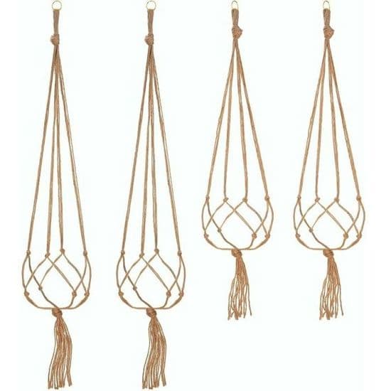 Makramee-amppelit - Nosheir - 4 kpl:n setti - Pituudet: 105 cm ja 90 cm - Materiaali: luonnonjuutti