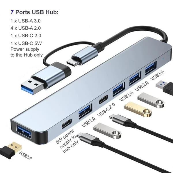 USB A C Hubb 7 Portar 3.0 Typ 2.0 Splitter Laptop PC Dator Expansionstillbehör
