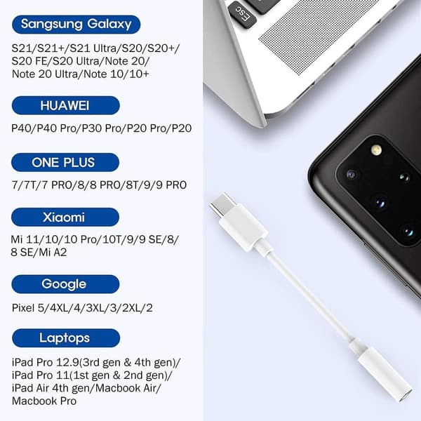 USB-C til 3,5 mm hovedtelefonstikadapter; USB-C til ekstra hovedtelefonadapter.