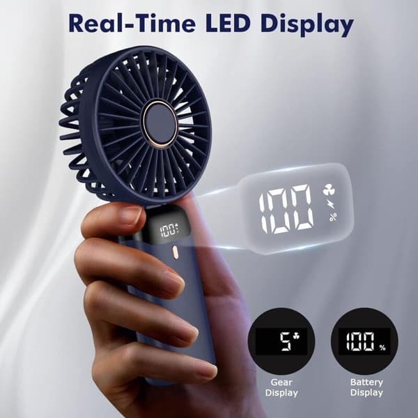 mini USB genopladelig lommeventilator. 5-trins mini lommeventilator med base - mørkeblå.