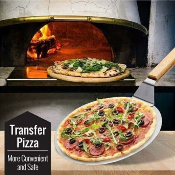 Pizzaspade i rustfritt stål – Ergonomisk trehåndtak – Multifunksjonell for pizza, brød og bakverk – Enkel å oppbevare
