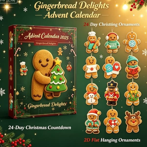 Pepperkakegleder Julekalender 2026, 24-dagers nedtelling til jul med 2D flate pepperkakemann-hengende ornamenter