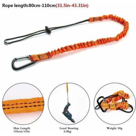 Elastisk sikkerhedsline med karabinhage – 3 stk. i synlig nylon – Længde 80 cm, bæreevne 6,8 kg – Nem værktøjsinstallation