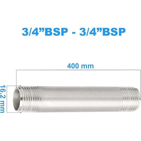Stk. 400 mm 3/4\" x 3/4\" Han BSP Nipler Støbt Rør 304 Rustfrit Stål Rørfittings