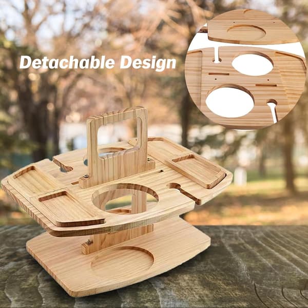 Bærbart vinpicnicbord med 2 vinglasholdere i træ, mini snackbakke