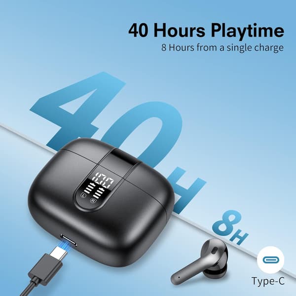Trådløse øretelefoner Bluetooth med mikrofon, 40 timer IPX7 vandtæt USB C trådløs (sort)