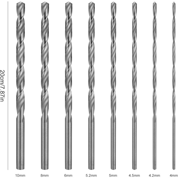 8 st 200 mm extra långa spiralborrset, 4 mm 4,2 mm 4,5 mm 5 mm 5,2 mm 6 mm 8 mm 10 mm HSS rakskaftad borrsats