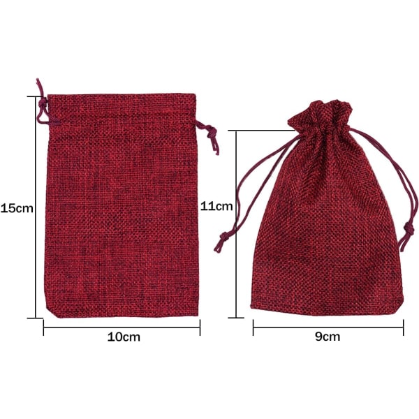 30st 10x15 cm JUTE-påsar, linpåsar, återanvändbar presentpåse, med spännsnöre (vinröd) Red