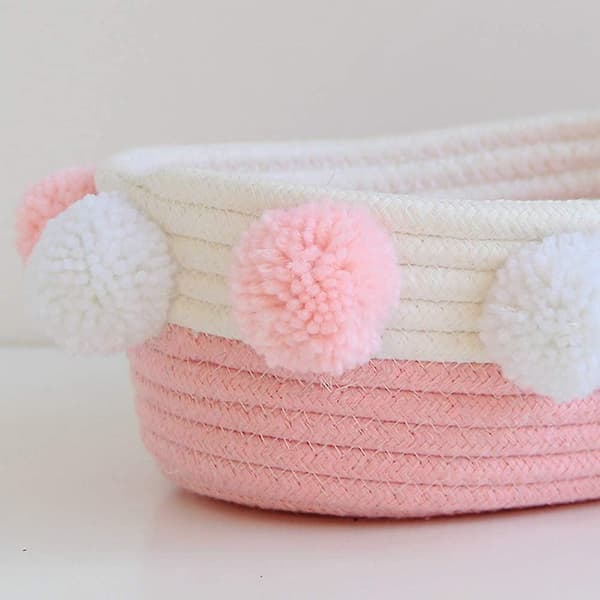 Förvaringskorg i bomullsrep med pompom, liten förvaringslåda, skrivbordsförvaring Pink 27*25*11cm