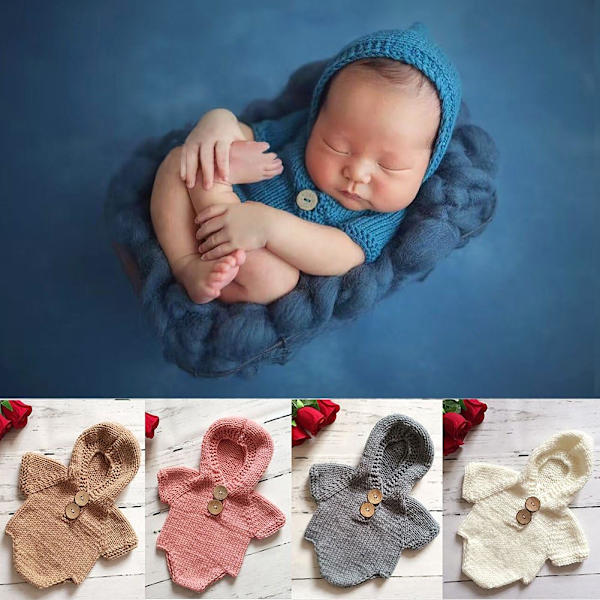 Nyfödd bebis virkad stickad kostym kläder fotografering rekvisita playsuit (blå) blue