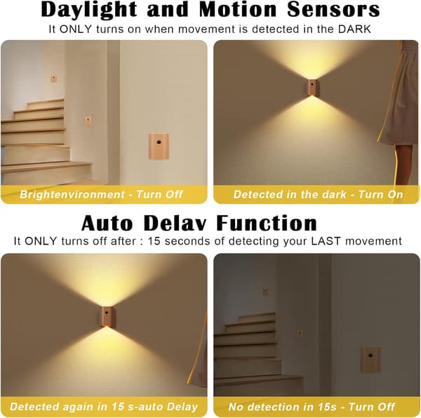 Nattlys med bevegelsessensor i tre, oppladbart ganglys i bøk