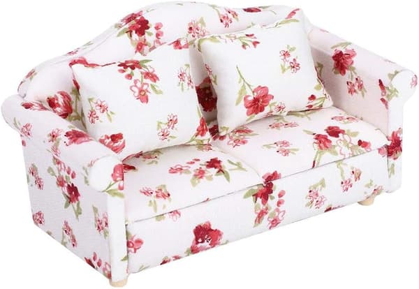 Dukkehusmøbler Sofa, Minisofa med 1/12 blomstermønster, Velegnet til tilbehør