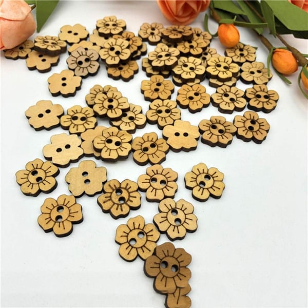 100 st solida träblommor knapp 2-hål fem kronblad knapp barn tröja DIY kläder (20 MM)